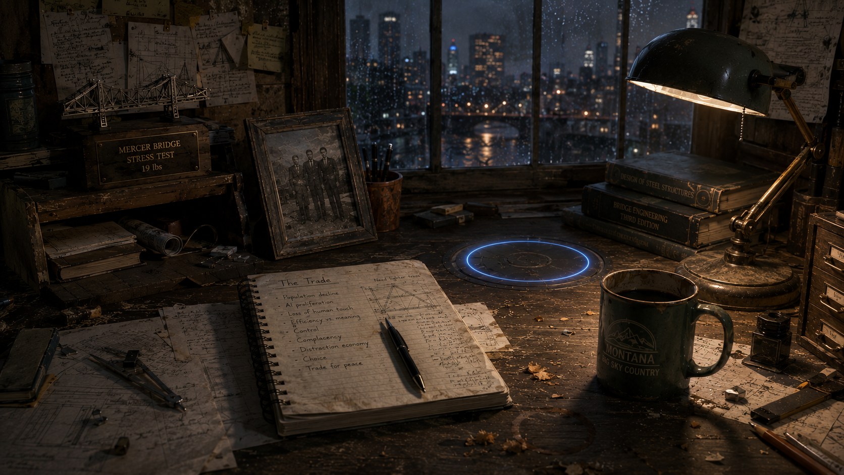 An engineer's desk at night — the room of the novel